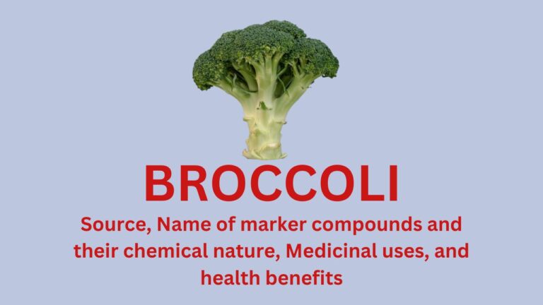 Source, Name of marker compounds and their chemical nature, Medicinal uses, and health benefits of Broccoli